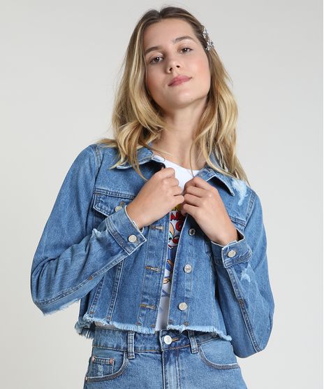 Jaqueta-Jeans-Feminina-Cropped-Destroyed-com-Barra-Desfiada-Azul-Medio-9885745-Azul_Medio_1