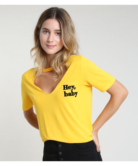 Blusa-Feminina-Choker-Ampla--Hey-Baby--Manga-Curta-Decote-Redondo-Mostarda-9891682-Mostarda_1