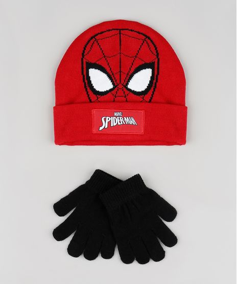 Kit-Infantil-de-Gorro-Homem-Aranha-Vermelho---Luva-em-Trico-Preta-9784904-Preto_1
