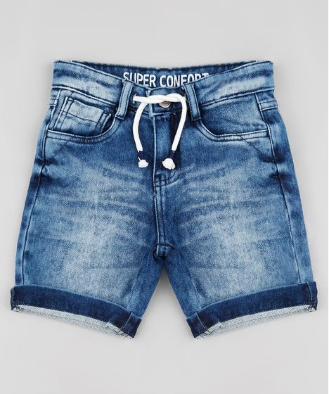 Bermuda Jeans Infantil Em Moletom Com Cordao Azul Medio Cea