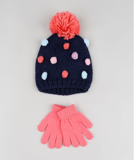 Kit-Infantil-de-Gorro-com-Pompons-Azul-Marinho---Luva-em-Trico-Coral-9784992-Coral_1