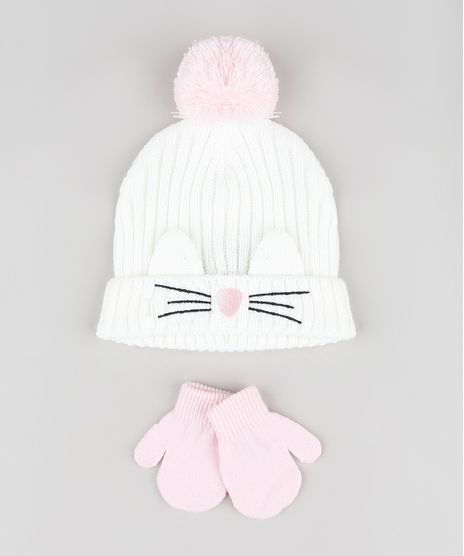 Kit-Infantil-de-Gorro-Gatinho-com-Pompom-e-Orelhas-Branco---Luva-em-Trico-Rosa-Claro-9784981-Rosa_Claro_1
