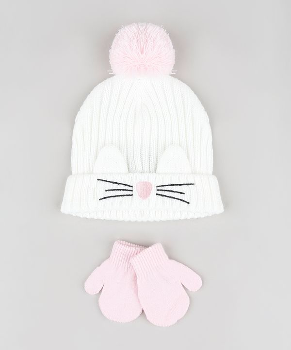 Kit Infantil de Gorro Gatinho com Pompom e Orelhas Branco + Luva em Tricô Rosa Claro Único