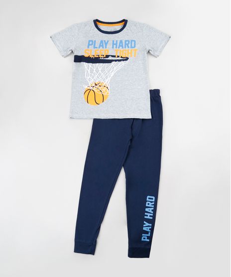 Pijama-Infantil-Basquete--Play-Hard--Manga-Curta-Cinza-Mescla-9878566-Cinza_Mescla_1
