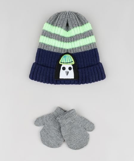 Kit-Infantil-de-Gorro-Pinguim-Listrado-Azul-Marinho---Luva-em-Trico-Cinza-Mescla-Escuro-9784974-Cinza_Mescla_Escuro_1