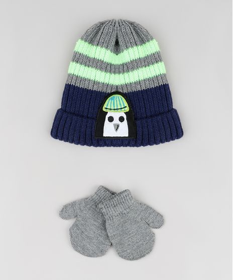 Kit-Infantil-de-Gorro-Pinguim-Listrado-Azul-Marinho---Luva-em-Trico-Cinza-Mescla-Escuro-9784974-Cinza_Mescla_Escuro_1