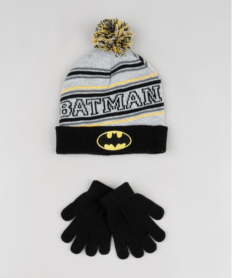 Kit-Infantil-de-Gorro-Batman-Listrado-com-Pompom-Cinza-Mescla---Luva-em-Trico-Preta-9784901-Preto_1