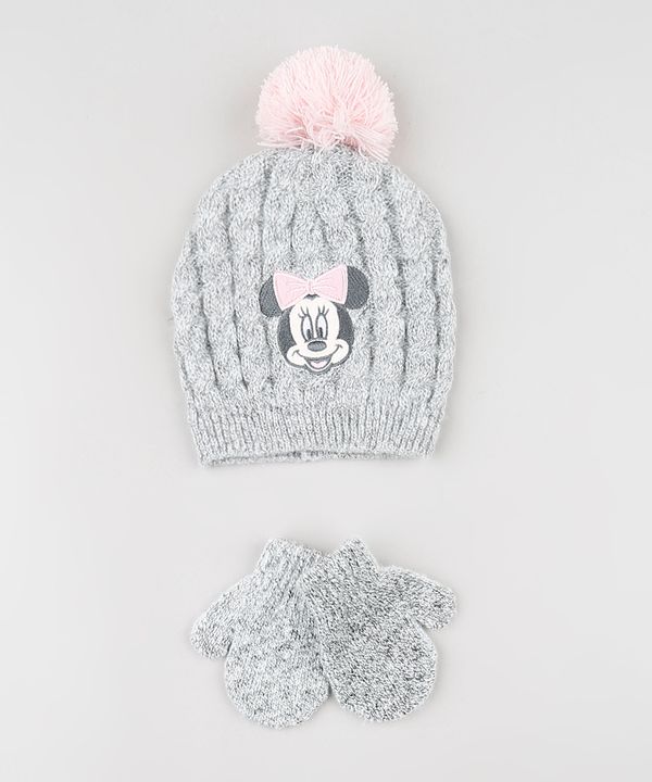 Kit Infantil de Gorro com Pompons + Luva em Tricô Cinza Mescla Único