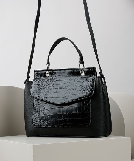Bolsa-Feminina-Transversal-Media-com-Recorte-Texturizado-Croco-e-Alca-Removivel-Preta-9845704-Preto_1
