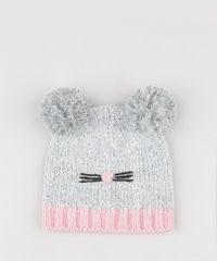 Gorro-Infantil-Gatinha-em-Trico-com-Duplo-Pompons-Cinza-Claro-9780624-Cinza_Claro_1