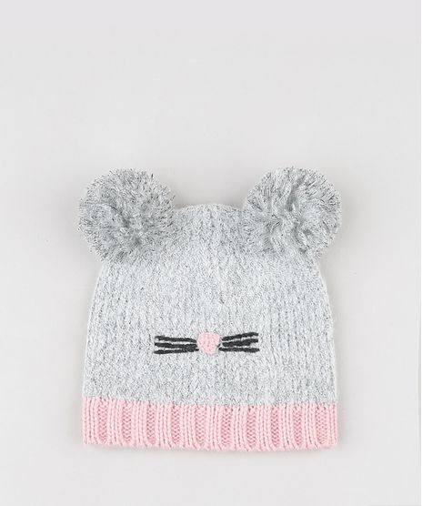 Gorro-Infantil-Gatinha-em-Trico-com-Duplo-Pompons-Cinza-Claro-9780624-Cinza_Claro_1