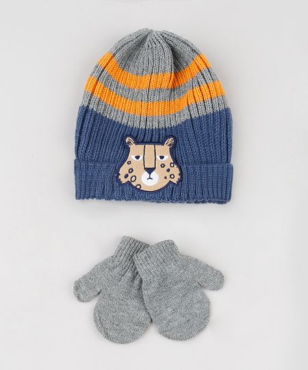 Kit-Infantil-de-Gorro-Listrado-Pinguim-Azul---Luva-em-Trico-Cinza-Mescla-9784975-Cinza_Mescla_1