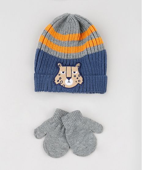 Kit-Infantil-de-Gorro-Listrado-Pinguim-Azul---Luva-em-Trico-Cinza-Mescla-9784975-Cinza_Mescla_1
