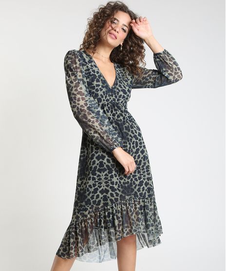 Vestido-Feminino-Midi-Mullet-em-Tule-Estampado-Animal-Print-Onca-com-Babado-Manga-Longa-Verde-9922814-Verde_1