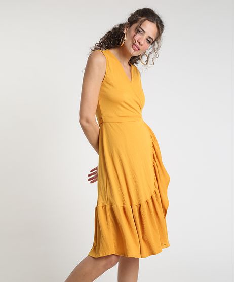 Vestido-Feminino-Midi-Envelope-Texturizado-com-Babado-Sem-Manga-Mostarda-9897380-Mostarda_1