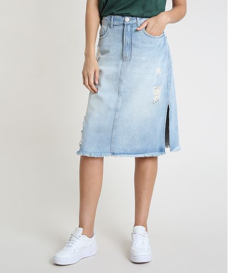 comprar saia jeans midi destroyed