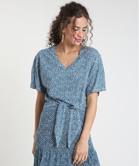 Blusa-Feminina-Ampla-Estampada-de-Folhagem-com-No-Manga-Curta-Decote-V-Azul-Petroleo-9891763-Azul_Petroleo_1