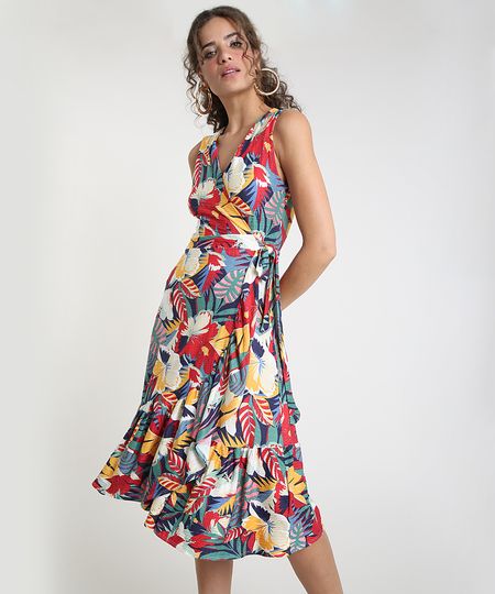 Vestido-Feminino-Midi-Envelope-Texturizado-Estampado-Floral-com-Babado-Sem-Manga-Multicor-9897381-Multicor_1