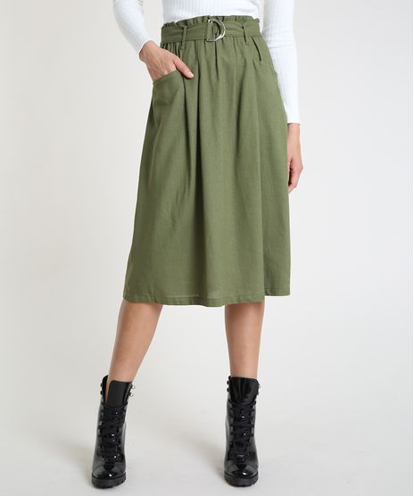 Saia-Feminina-Midi-Listrada-com-Linho-e-Cinto-Verde-Militar-9872782-Verde_Militar_1
