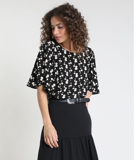 Blusa-Feminina-Bluse-Estampada-de-Margaridas-Manga-Ampla-Decote-Redondo-Preta-9912181-Preto_1