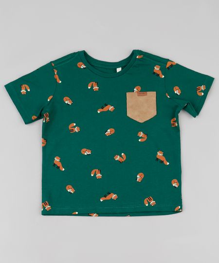 Camiseta-Infantil-Estampada-de-Raposa-com-Bolso-em-Suede-Manga-Curta-Verde-9871523-Verde_1