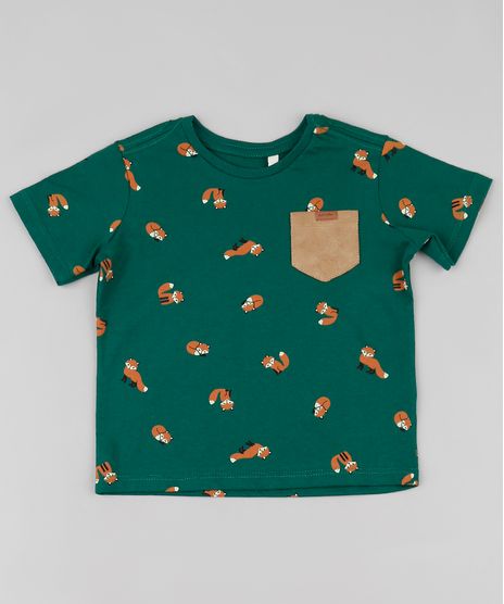 Camiseta-Infantil-Estampada-de-Raposa-com-Bolso-em-Suede-Manga-Curta-Verde-9871523-Verde_1