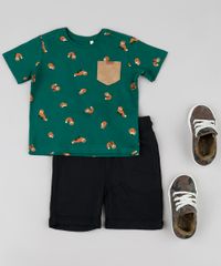 Camiseta-Infantil-Estampada-de-Raposa-com-Bolso-em-Suede-Manga-Curta-Verde-9871523-Verde_3