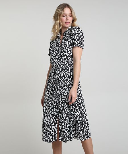 Vestido-Chemise-Feminino-Midi-Estampado-Animal-Print-Manga-Curta-Preto-9906004-Preto_1