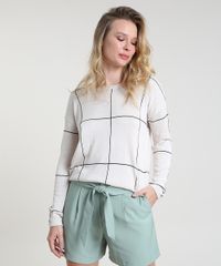 Sueter-Feminino-Estampado-Quadriculado-em-Trico-Decote-Redondo-Kaki-9796405-Kaki_1