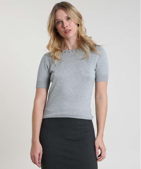 Blusa-Feminina-Basica-com-Aviamento-Metalico-Manga-Curta-Decote-Redondo-Cinza-Mescla-9804203-Cinza_Mescla_1