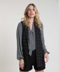 Colete-Feminino-Longo-Alfaiatado-Estampado-Quadriculado-com-Bolsos-Preto-9840790-Preto_1