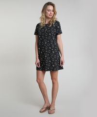 Camisola-Feminina-Estampada-de-Gatinho-Manga-Curta-Preta-9876306-Preto_1
