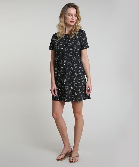 Camisola-Feminina-Estampada-de-Gatinho-Manga-Curta-Preta-9876306-Preto_1