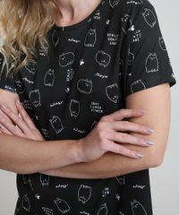 Camisola-Feminina-Estampada-de-Gatinho-Manga-Curta-Preta-9876306-Preto_3