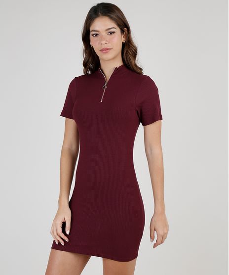 Vestido-Feminino-Curto-Canelado-com-Ziper-Manga-Curta-Gola-Alta-Vinho-9886202-Vinho_1