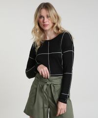 Sueter-Feminino-em-Trico-Estampado-Quadriculado-Decote-Redondo-Preto-9796404-Preto_1
