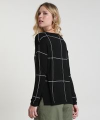Sueter-Feminino-em-Trico-Estampado-Quadriculado-Decote-Redondo-Preto-9796404-Preto_2