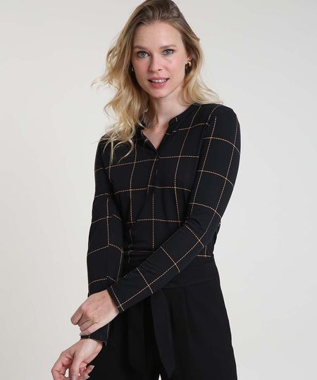Blusa Feminina Estampada Quadriculada Manga Longa Decote V Preta Menor preço em Blusa Feminina Estampada Quadriculada Manga Longa Decote V Preta
