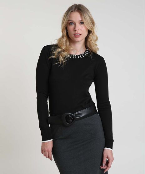 Sueter-Feminino-Basico-em-Trico-com-Perolas-Decote-Redondo--Preto-9804204-Preto_1