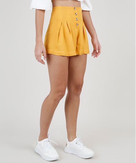 Short-Feminino-Cintura-Super-Alta-com-Pregas-e-Botoes-Mostarda-9920327-Mostarda_1