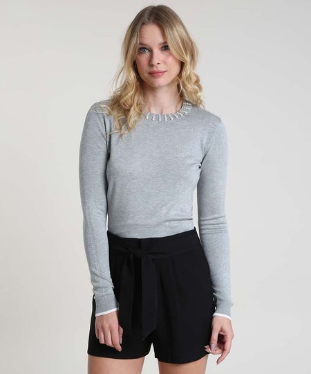 Sueter-Feminino-Basico-em-Trico-com-Perolas-Decote-Redondo--Cinza-Mescla-9804204-Cinza_Mescla_1
