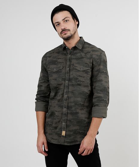 Camisa-de-Sarja-Masculina-Tradicional-Estampada-Camuflada-com-Bolsos-Manga-Longa-Verde-Militar-9942756-Verde_Militar_1