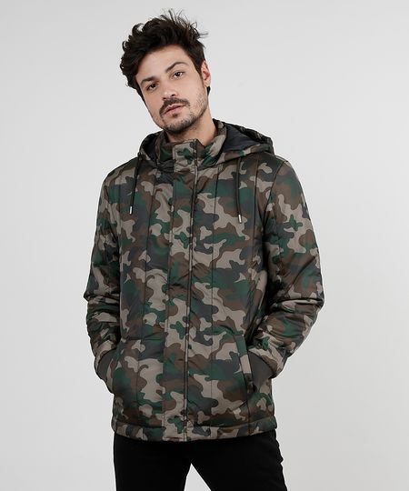Jaqueta-Puffer-Masculina-Estampada-Camuflada-em-Nylon-com-Capuz-e-Bolsos-Verde-Militar-9830011-Verde_Militar_1