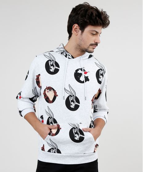 Blusao-Masculino-Looney-Tunes-Estampado-em-Moletom-Felpado-com-Capuz-e-Bolso-Cinza-Mescla-Claro-9800217-Cinza_Mescla_Claro_1