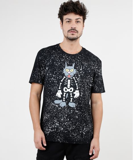 Camiseta Oxer Básica Mescla Raglan Masculina Camiseta Masculina Bola De Neve Os Simpsons Manga Curta Gola Careca Preta Cea