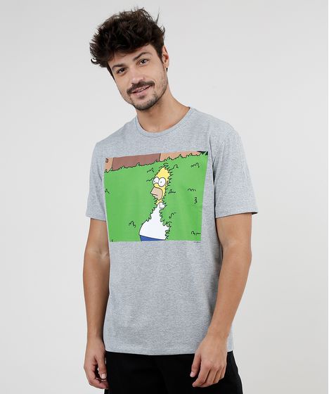 Camiseta Oxer Básica Mescla Raglan Masculina Camiseta Masculina Homer Simpson No Arbusto Manga Curta Gola Careca Cinza Mescla Cea