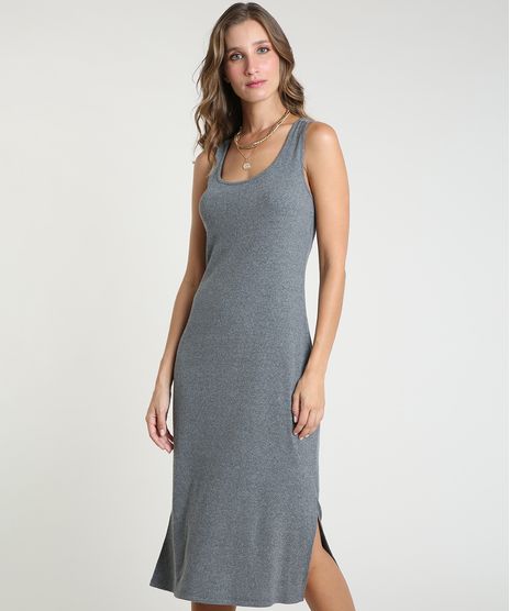 Vestido-Feminino-Midi-Canelado-com-Fendas-Sem-Manga-Decote-Nadador-Cinza-Mescla-Escuro-9922645-Cinza_Mescla_Escuro_1