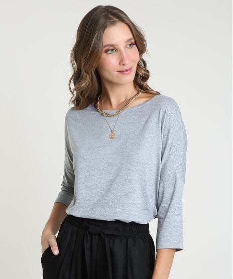 Blusa-Feminina-Ampla-Basica-Manga-7-8-Decote-Redondo-Cinza-Mescla-Claro-9509004-Cinza_Mescla_Claro_1