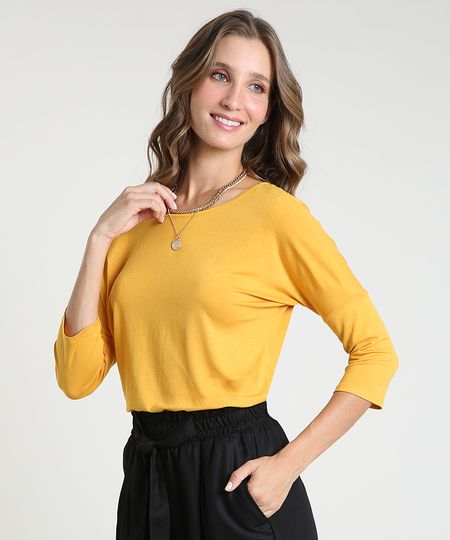 Blusa-Feminina-Ampla-Basica-Manga-7-8-Decote-Redondo-Amarela-9509004-Amarelo_1