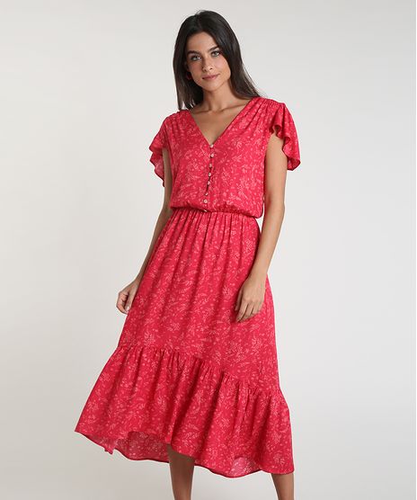 Vestido-Feminino-Midi-Estampado-Floral-com-Botoes-e-Babado-na-Manga-Rosa-Escuro-9941824-Rosa_Escuro_1